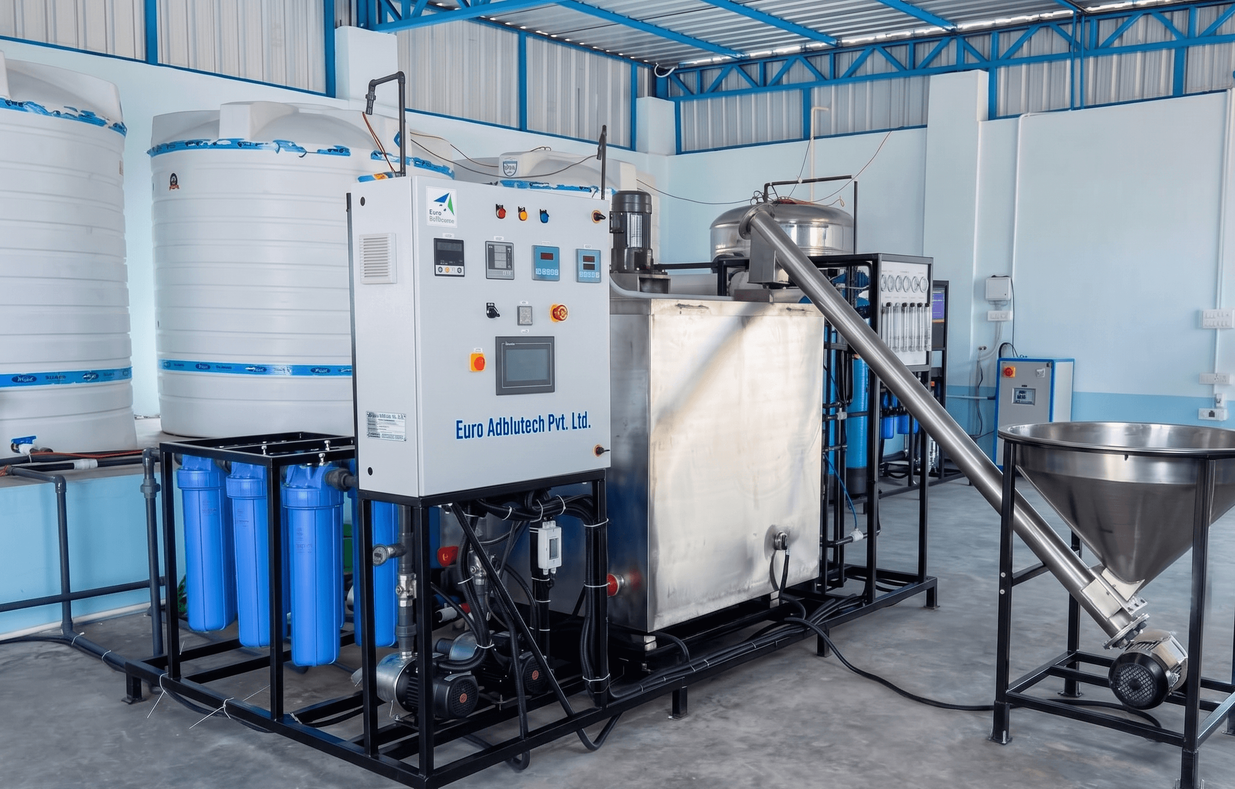 Main blending unit at the EcoSmart +Blue plant: urea dosing, mixing tank, and pre-filtration.